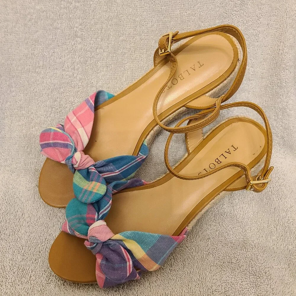 TALBOTS PAMELA TWIST PLAID ESPADRILLE WEDGES IN MADRAS PLAID